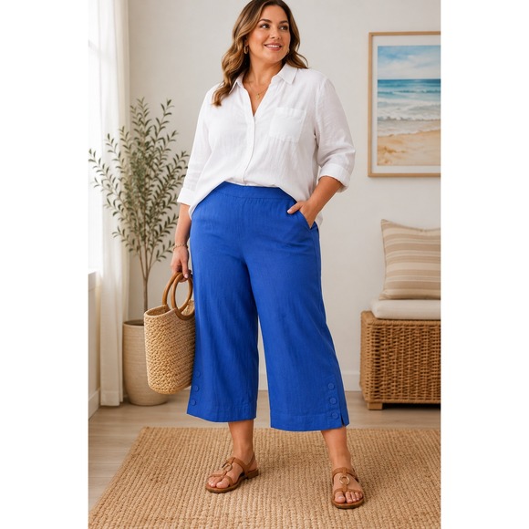 Chico's Pants - Chico's Linen Crop Pants Womens US 20 Blue Wide Leg Pull On Button Hem Plus